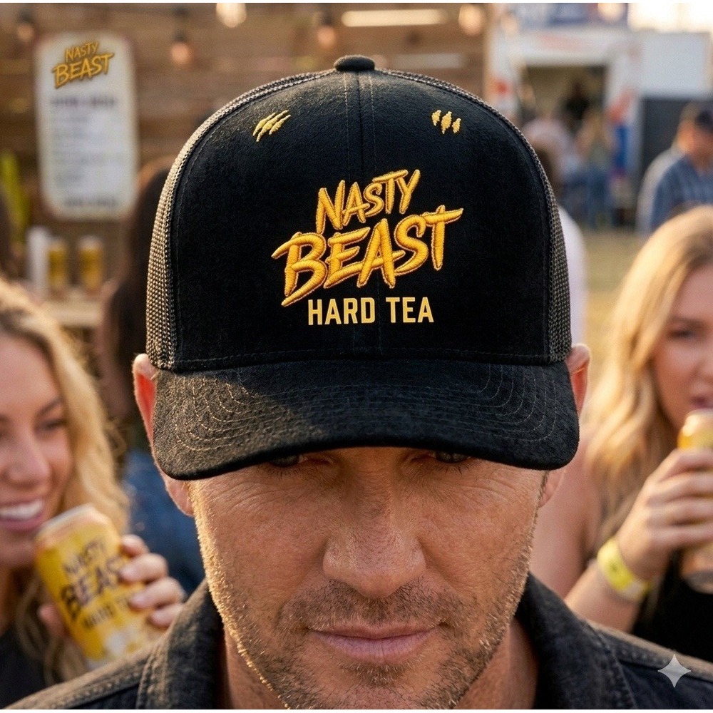 Nasty Beast Hard Tea Trucker Hat Mens OSFA Black Yellow Logo Mesh Snapback Cap